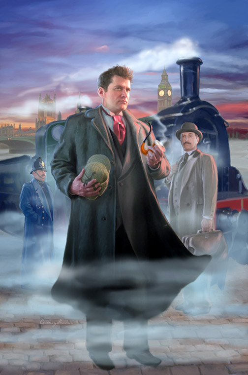 Here's my painting for the series of Sherlock Holmes books published by Wilder Publications. Hank, a hugely talented actor, was my model for Holmes and when he showed up with the perfect period wardrobe for the model session, I knew I had the right guy to portray the detective. The publisher requested a more updated, younger sort of Holmes rather than  the Basil Rathbone type. I stood in for Watson and the bobby.